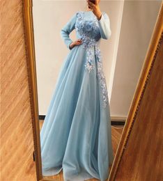 Muslim Blue Long Sleeves Evening Dresses Design Handmade Flowers Pearls ALine Evening Gowns 2019 Arabian Prom Dresses8768409