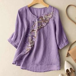 Women's Blouses Chinese Style Embroidered Blouse Shirt Puff Short Sleeves Round Neck Bohemian Ladies Casual Loose Button T Top