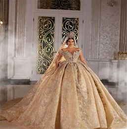 2021 Shinny Ball Gown Wedding Dresses Champagne Off Shoulder Luxury Crystal Beaded Saudi Arabian Dubai Bridal Gown Plus Size1868466