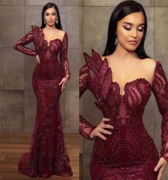 2022 Gorgeous Burgundy Beaded Evening Dresses Mermaid Sheer Neck Prom Dress Long Sleeves Formal Party Second Reception Gowns Arabi8460743