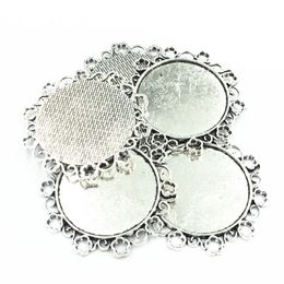 5Pcs Necklace Pendant Silver Tone Flower Lace Metal Seing Jewellery Cabochon Cameo Base Tray Bezel Blank Fit 34mm Cabochons 49mm191L