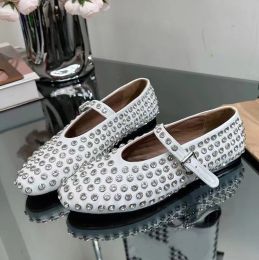 Designer Shoes Luxury Women ballet flats hollowed out mesh sandal round head rhinestone rivet buckle Mary Genuine leather Jane shoes loafers ballet flats sandals