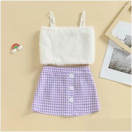 Clothing Sets 2-7Years Kids Girl Summer Outfit P Sleeveless Camisole And Elastic Button Plaid A-Line Skirt Set For Toddler Girls Drop Otgtb