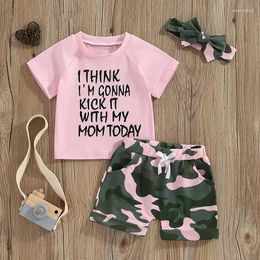 Clothing Sets Little Girl Summer Clothes Short Sleeve Letter Print Tops With Camouflage Pattern Shorts And Headband 3 Pcs Outfit