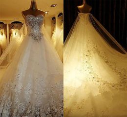 Luxury Crystal Beading Wedding Dresses With Royal Lace Train Sweetheart Bridal Dresses Real Photos Lace Up Plus Size Wedding Bridal Gowns