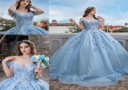 2023 Glitter Tulle Quinceanera Dresses Floral 3D FlowersApplique Crystal Beads Off The Shoulder Corset Back Sweet 16 Dress Graduat7540888