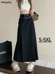 High Waist Long Skirt Vintage Summer College Aline with Belt Streetwear Folds Design Gothic Falda Aesthetic 240228