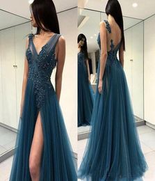 Long Prom Dresses Dark Blue Vestido De Festa Illusion Bodice Backless Front Slit Special Occasion Gowns Appliques Beading Formal P3974446