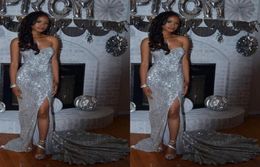 Sparkly Silver Sequins Mermaid Prom Dresses Sweetheart Split Side Floor Length Elegant Evening Dresses Formal Gowns Sweep Train6707626