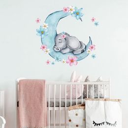 Watercolor Sleeping Baby Elephant on the Moon Wall Stickers With Flowers for Kids Room Baby Nursery Room Wall Decals PVC197F