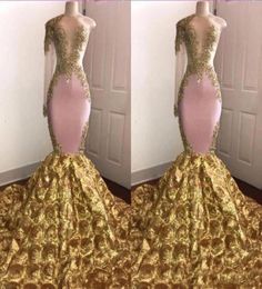 African One Shoulder Mermaid Prom Dress 2019 Sexy Gold Appliqued Evening Formal Party Gown Pageant Dresses Long Sleeve Sweep Train1592730