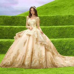 Sweet 16 Gold Lace Abiti Quinceanera Perle Ball Gown abiti per 15 vestido de xv a os Glitter Paillettes Compleanno Prom Gown214T