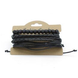 Charm Bracelets Handmade Braided Mtilayer Rope Leather Wooden Beaded 4Pcs Set Adjustable Party Jewellery For Men Drop Delivery Dh0F2