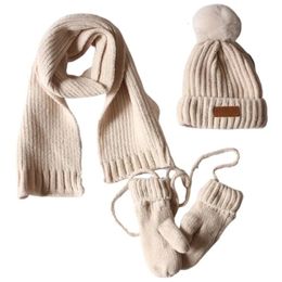 3 In 1 Toddler Kids Winter Ribbed Knit Warm Pompom Beanie Hat Scarf Gloves Set 240227
