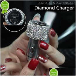 Car Cigarette Lighter New Diamond Crystal Dual Usb Car Charger With Led Display Cigarette Lighter Mobile Phone Data For Drop Delivery Dhesw