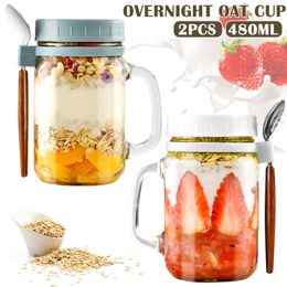 2Pcs 16oz Overnight Oats Container Airtight Glass Oatmeal Jars with Lid and Spoon Portable Cup for Salads Milk Breakfast 230308