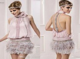 Vintage Great Gatsby Pink High Neck Short Prom Formal Dresses with Feather Sparkly Beaded Backless Cocktail Dress Party Occasion G2995288