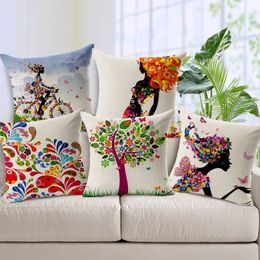 Pillow Cushion Cover Cartoon Little Girl Fresh Flowers Throw Pillow Case Colourful Breathable Cotton Linen Fundas de Almohadas Coji270J