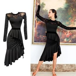 Stage Wear 2024 Adult Latin Dance Practice Clothes Mesh Long Sleeved Velvet Irregular Ruffle Skirt Chacha Rumba Dress DN17382