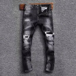 Men's Jeans Street Fashion Men High Quality Retro Black Blue Stretch Slim Fit Ripped Patched Designer Hip Hop Denim Pants