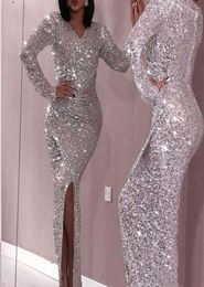 sparkling sliver Mermiad Prom dresses With Long sleeves Floor Length Custom Made Sexy V neck Side Split Dubai Arabic Evening dress2234204