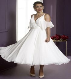 Simple Chiffon A Line Wedding Dresses Deep V Neck Beaded Sash Cheap Bride Gowns Tea Length Short Dress2550287