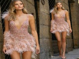 Berta Pink 2019 Short Cocktail Dresses With Feather Sparkly Beaded Deep V Neck Prom Evening Gowns Party Occasion Dress5022578