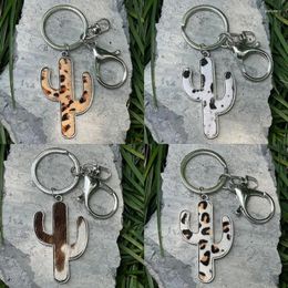 Keychains Genuine Leather Cactus Keychain For Women Western Style Cheetah Print Cowhide Key Chain Friend Gift Wholesale