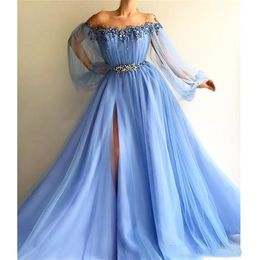 Elegant Sky Blue Prom Dresses A Line Pearls Beaded 2021 Sexy Off Shoulder Poet Long Sleeve Evening Gowns High Slit Formal Party Dr3718895