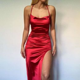 Womens Spring Summer Fashion Pure Dresses Colour Halter Backless Thin Strap Hip Skirt Sexy Slit Dress