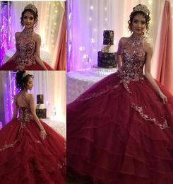 Burgundy Quinceanera Dresses Beaded Halter Luxury Crystal Corset Back Tiered Skirt Tulle Sweet 15 16 Birthday Princess Prom Ball G9448645