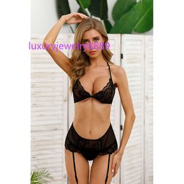 3pcs Erotic Lingerie Set Wireless Bra Lace Sleeveless Thong Gareter Sexy Nightwear Underwear for Women Bielizna Damska