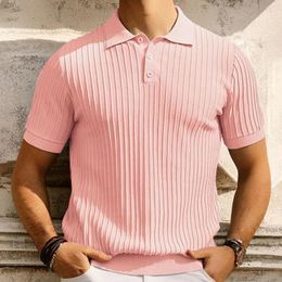 Men's Polos Mens Simple Knitted Polo Shirt Solid Colour Stripe Pattern Retro Handsome Casual Short Sleeve Sports Top 2024 Spring And Summer