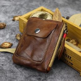 Wrinkled Cowhide Genuine Leather Mens Coin Purse Genuine Leather Zipper Wallet Retro Key Holder Small Money Bag Men Short Purse 240229