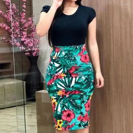 Casual Dresses Women Printed Dress Elegant High-waist Knee Length Summer With Round Neck Short Sleeve For Lady