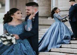 Elegant Gorgeous Blue Evening Dresses Scoop Neck Long Illusion Sleeves Lace Applique Satin Beaded Sweep Train Formal Dress Celebri1738097