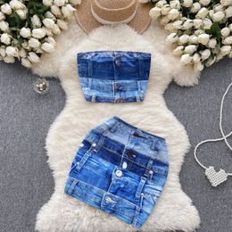 Amolapha Women Sexy Pure Desire Spice Girl Imitation Denim Suit Female French Strapless Vest High Waist Thin Package Hip Skirt 240309