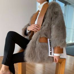 Korean Haining 2023 Autumn/Winter Edition New Fox Hair PU Fur Integrated Mid Length Imitation Leather Coat For Women 7628