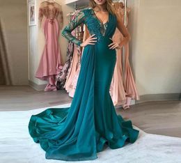 Muslim Long Evening Dresses VNeck Lace Chiffon One Shoulder Long Sleeves Mermaid Prom Dress Evening Party Gown2937602