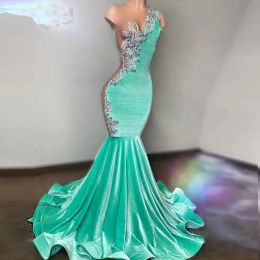 Mint Green Prom Dresses For Women Crystal Beading Velvet African Girls Mermaid Party Gowns Robe De Soiree Femme