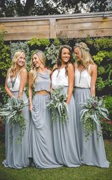 2021 Two Pieces Bridesmaid Dresses White Top And Light Grey Skirt A Line Chiffon Junior Bridesmaid Dresses Long Maid Of Honor Dres8581960