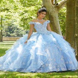 Светло-голубое платье принцессы Quinceanera 2021, с открытыми плечами и аппликациями, блестками и цветами, праздничное платье Sweet 16, Vestidos De 15 A os266o