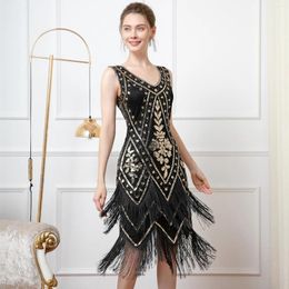 Stage Wear Retro Double Layered Tassel Gatsby Ball Sequin Party V-neck Studded Latin Dance Dress Ballroom Accessories