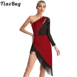 Stage Wear Women Latin Dance Dress One Shoulder Fringed Irregular Hem Dresses Ballroom Tango ChaCha Rumba Samba Competition Costumes