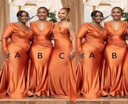 2023 Bridesmaid Dresses African Orange Plus Size Mermaid Nigeria Girls Summer Wedding Guest Dress Sexy V neck Long Maid of Honour G8396842