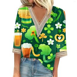 Womens T Shirts Shirt Blouse Casual Loose 3/4 Sleeve Lace Trims St. Patricks Day Print V Neck Tops T-shirts Tee