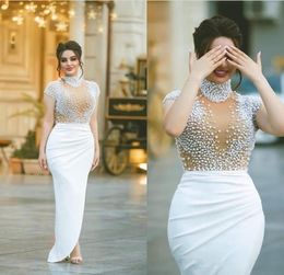 Dubai Beaded Prom Dress White High Neck Illusion See Through Cap Sleeves Formal Evening Dresses Gala Plus Size Party Gown3932281