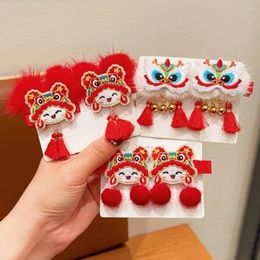 Hair Accessories Embroidery Children Red Hairpin Tassel Dragon Chinese Year Headwear Girl Baby Lion Dance Clip