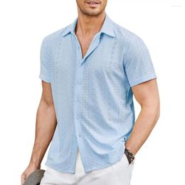 Men's Casual Shirts Short Sleeve Button-up Shirt Hole Embroidery Top Stylish Hollow Out Summer With Turn-down Collar Sleeves For A