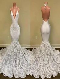 2022 Ivory Prom Dresses Lace Applique Sheath Mermaid Sexy Backless Halter Custom Made African Girl Evening Formal Gowns Formal Occ9866138